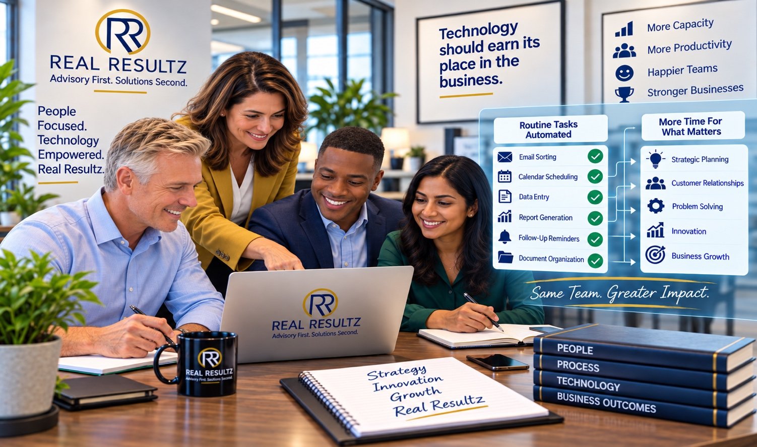 Small business team using AI automation to increase employee capacity and productivity.