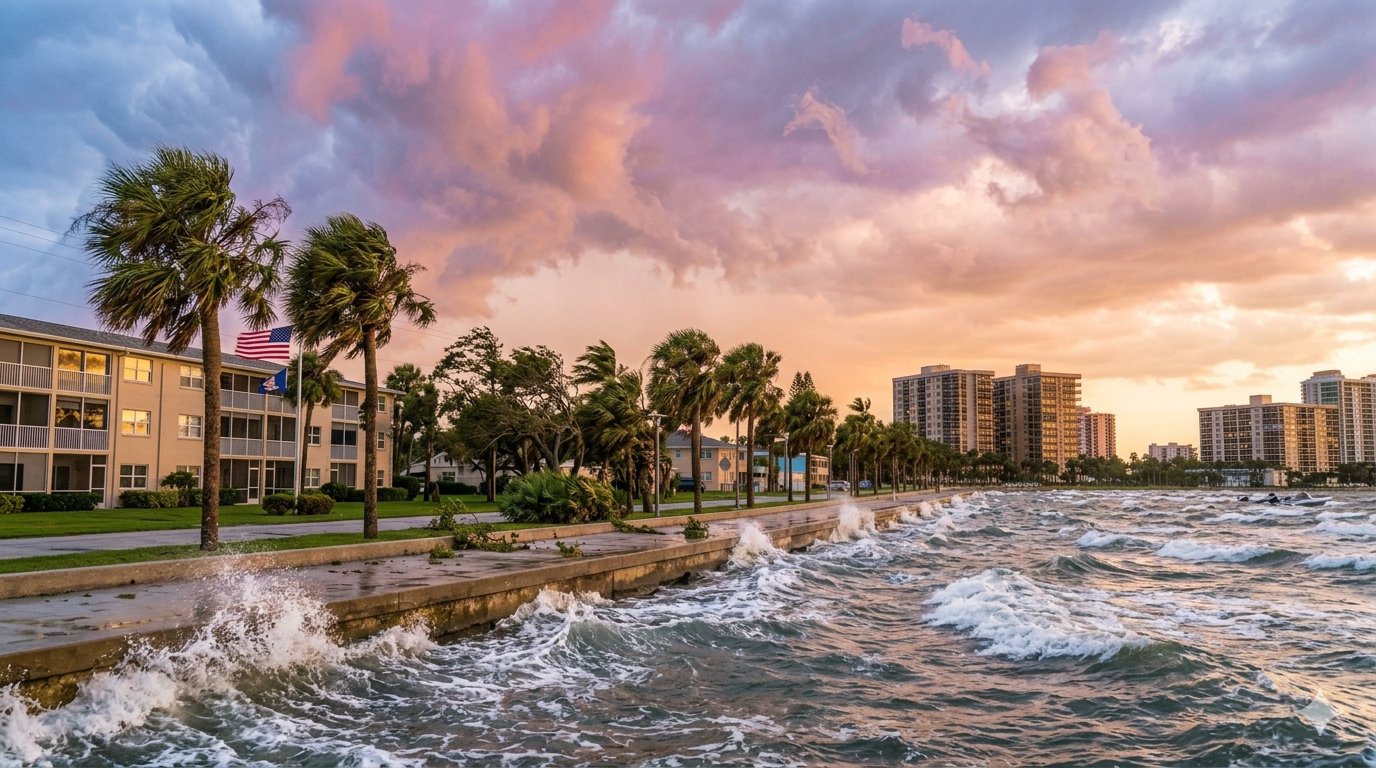 Stormy waves crashing on a Florida waterfront at dusk