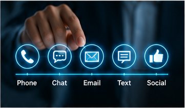 Hand touching glowing icons for phone, chat, email, text and social channels