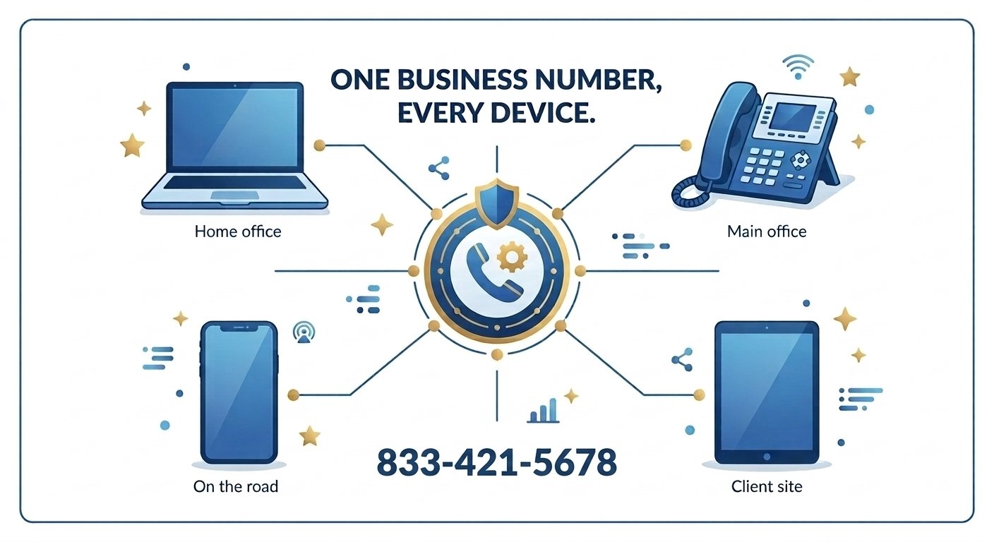 A flat-style infographic diagram titled "ONE BUSINESS NUMBER, EVERY DEVICE." mapping a central company phone icon and toll-free number 833-421-5678 to four workspace nodes: a laptop for Home office, a mobile smartphone for On the road, a desk VoIP phone for Main office, and a tablet for Client site.