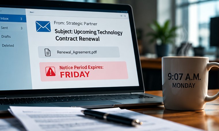 Executive desk at 9:07 a.m. showing an upcoming technology contract renewal and a Friday notice deadline.