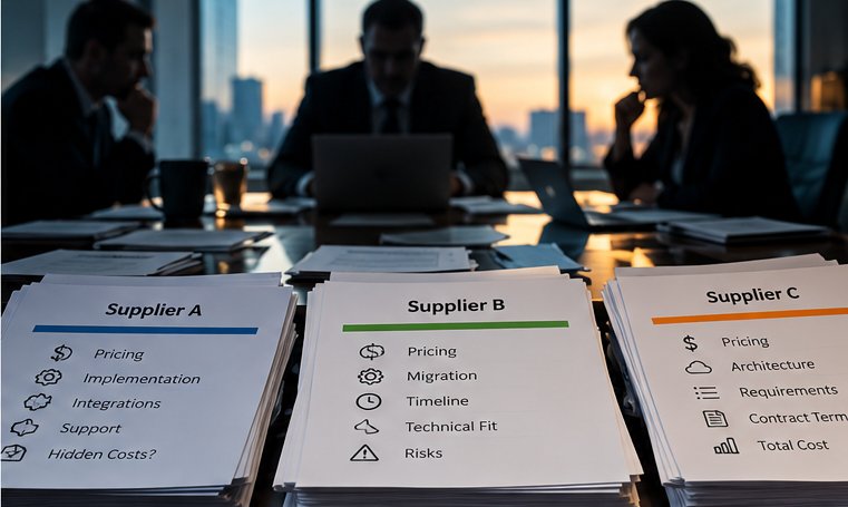 Three supplier proposals with different pricing, implementation, migration, architecture and risk assumptions during a rushed technology evaluation.