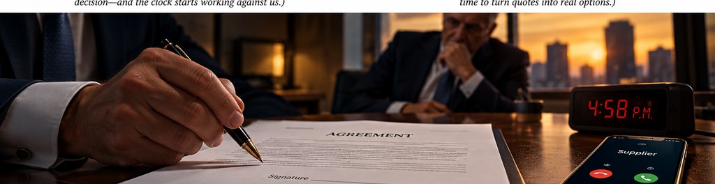 Executive holding a pen over a blank technology contract signature line at 4:58 p.m. while the supplier calls and a board member watches.