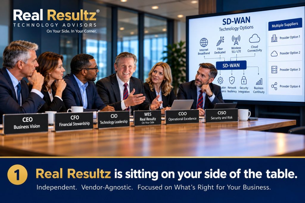 Wes Smeigh and C-Suite executives evaluating SD-WAN technology and network strategy with Real Resultz sitting on the client’s side of the table. Caption: “SD-WAN connects offices, cloud applications, remote users, and redundant network paths.”