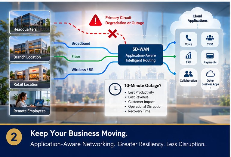 SD-WAN business continuity graphic showing multiple network connections, application-aware routing, cloud applications, and the business impact of a network outage.