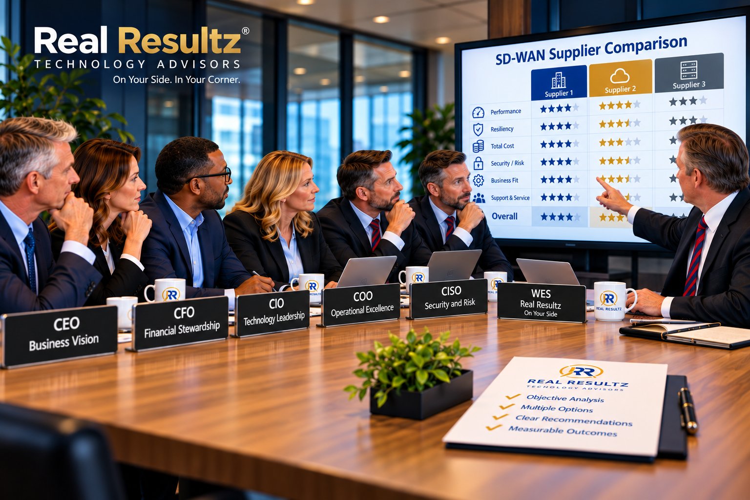 Wes Smeigh and C-Suite executives comparing SD-WAN suppliers based on performance, resiliency, total cost, security, business fit, and support.
