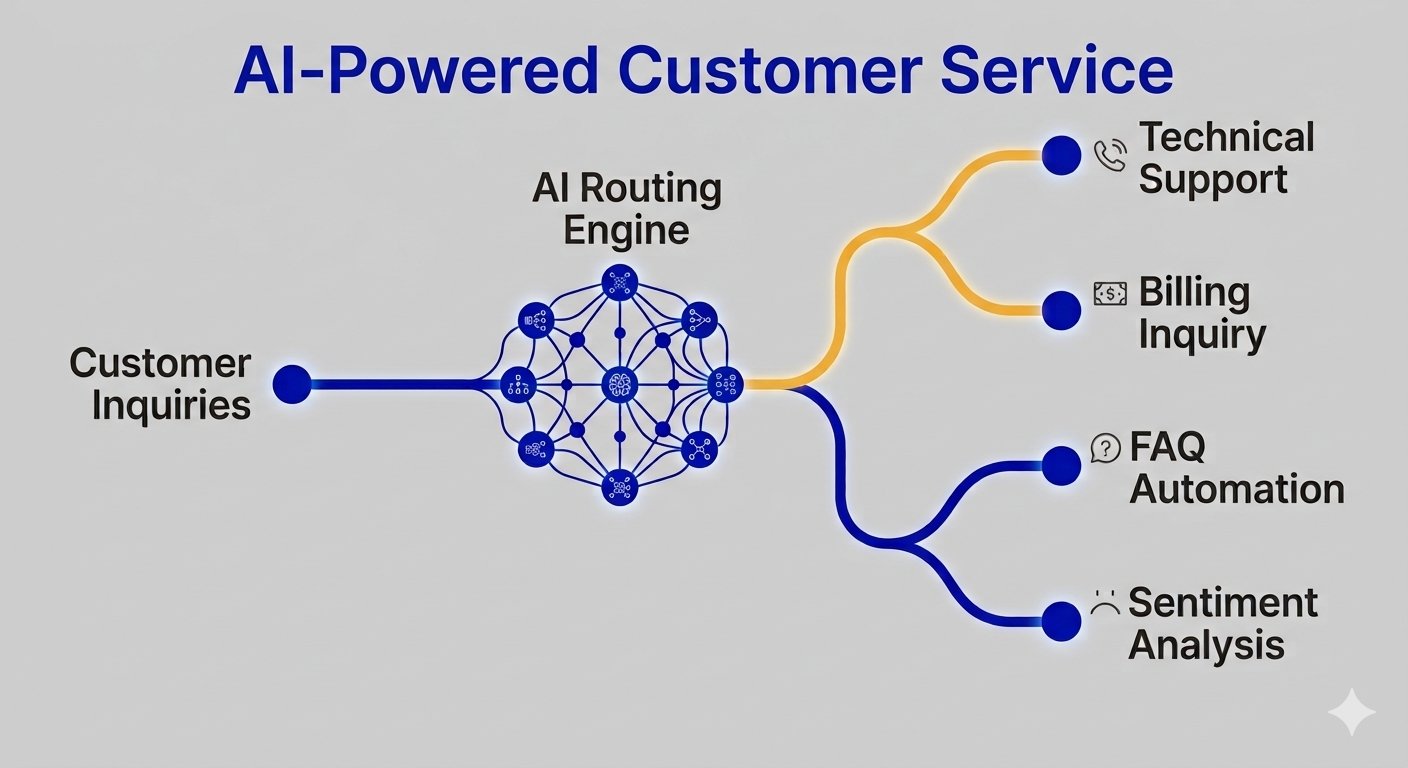 A visual infographic chart of an AI-powered customer service architecture mapping a neural routing engine to technical support, billing inquiries, FAQ automation, and sentiment analysis nodes.