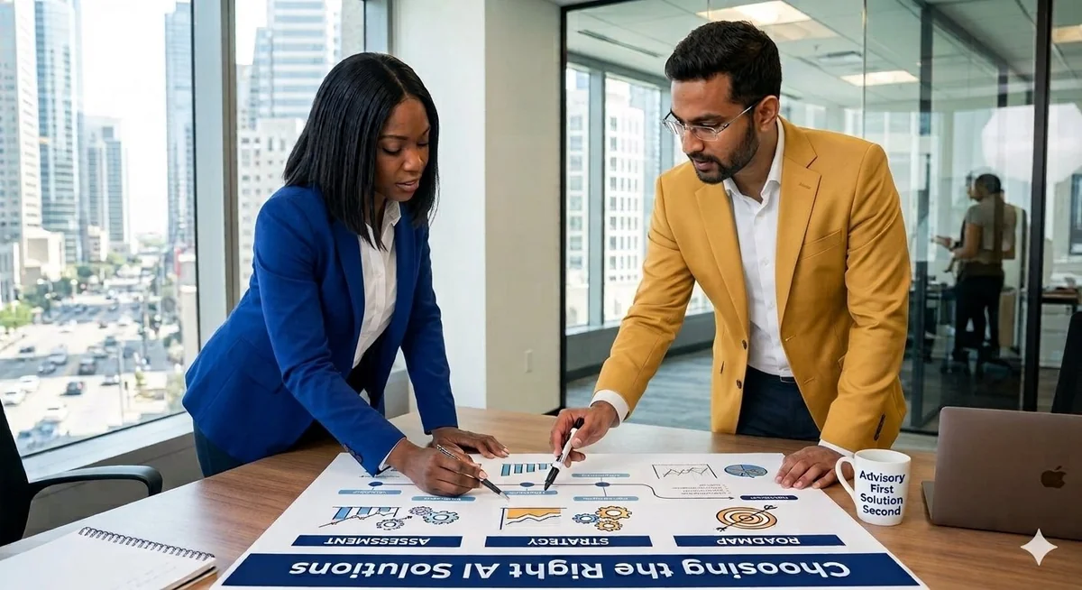An enterprise AI consulting session featuring two strategists analyzing a corporate blueprint map titled Choosing the Right AI Solutions alongside a desk mug printed with Advisory First Solution Second.